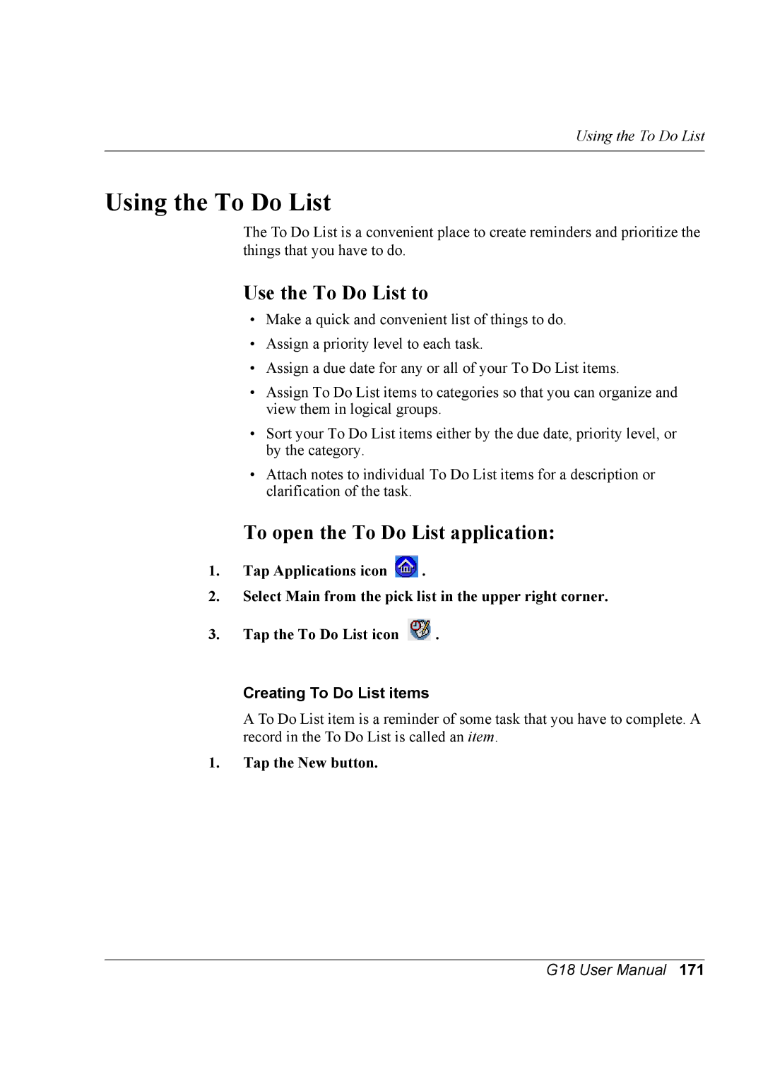 Palm G18 user manual Using the To Do List, Use the To Do List to, To open the To Do List application 