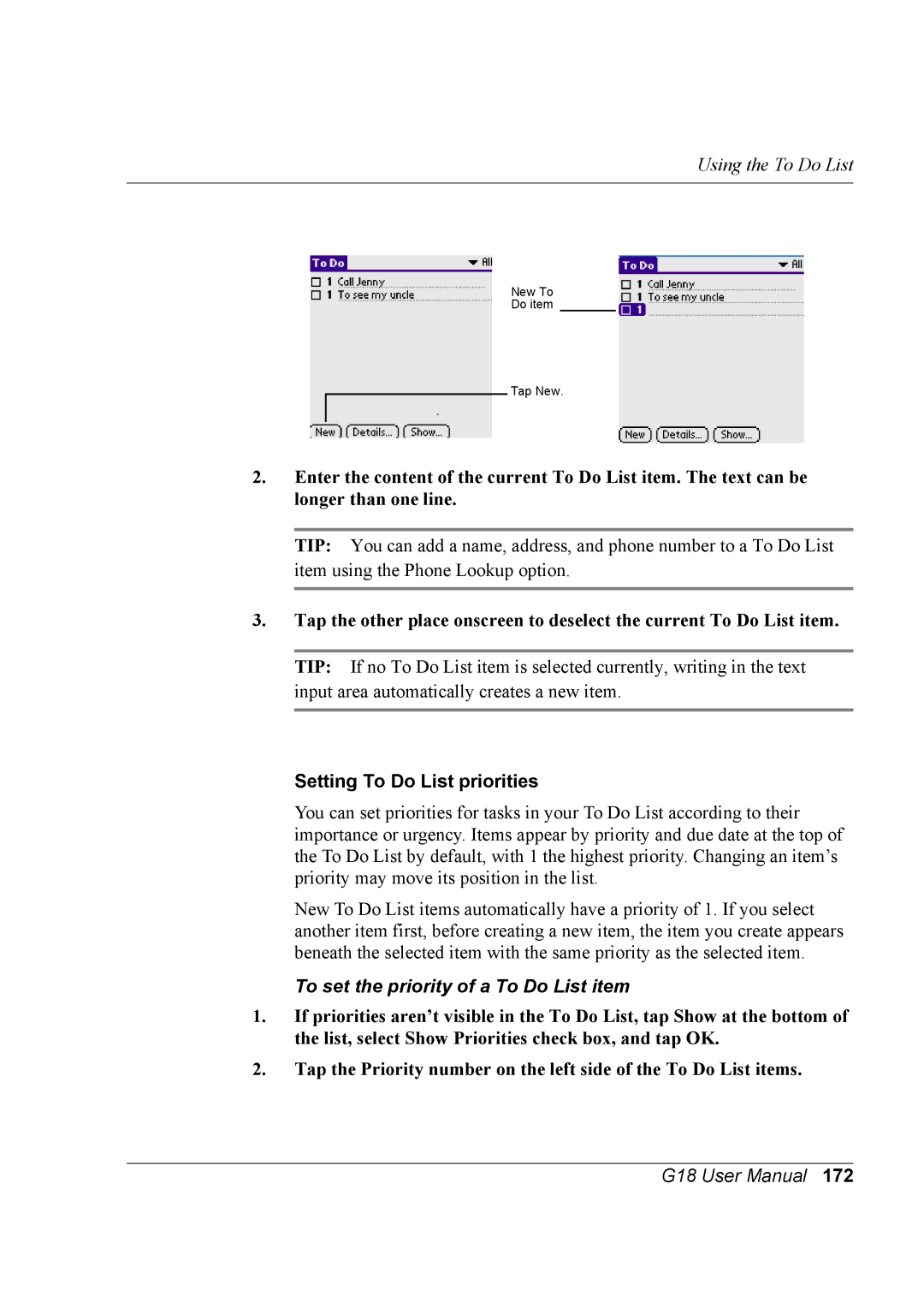 Palm G18 user manual To set the priority of a To Do List item 