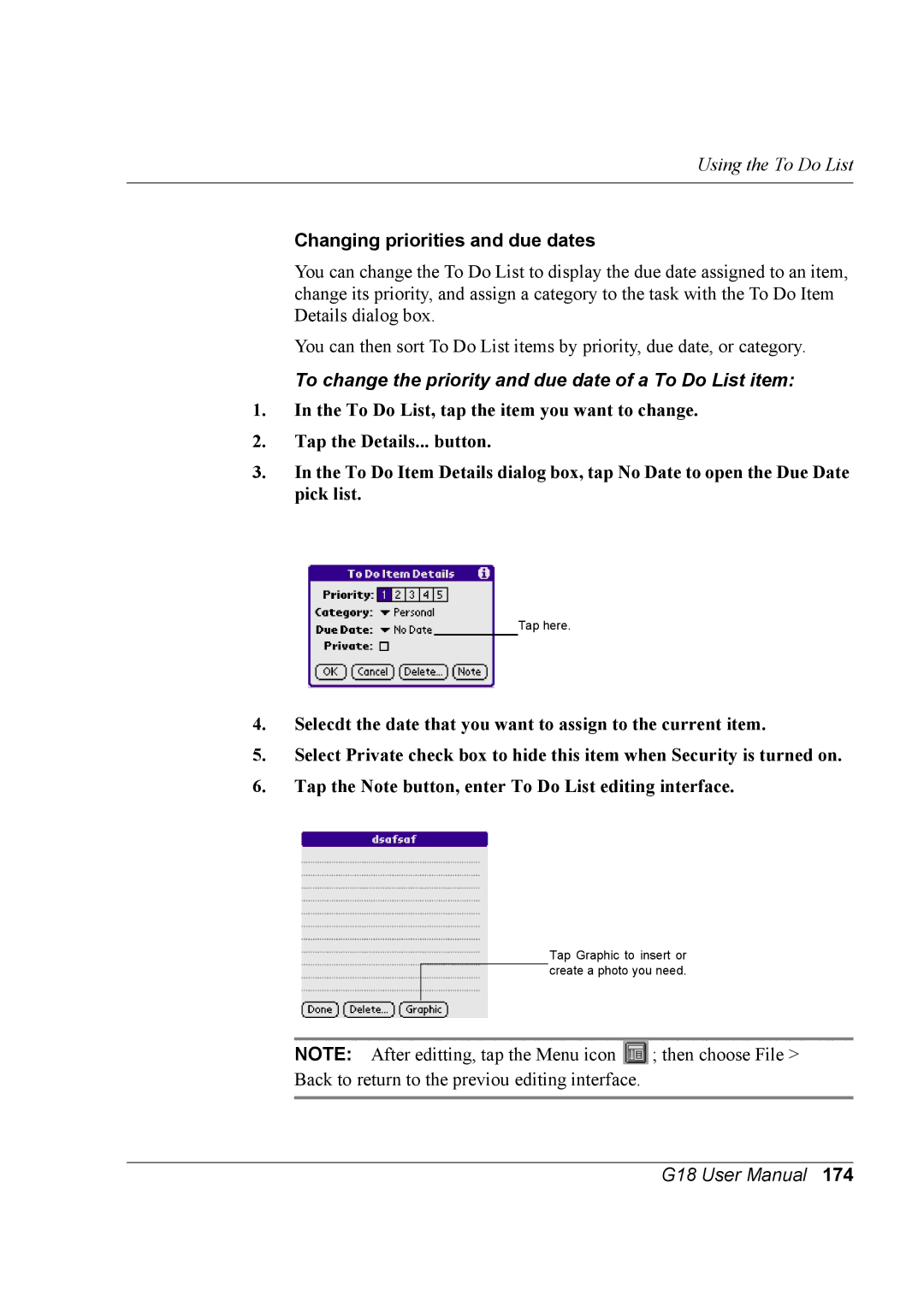 Palm G18 user manual To change the priority and due date of a To Do List item 