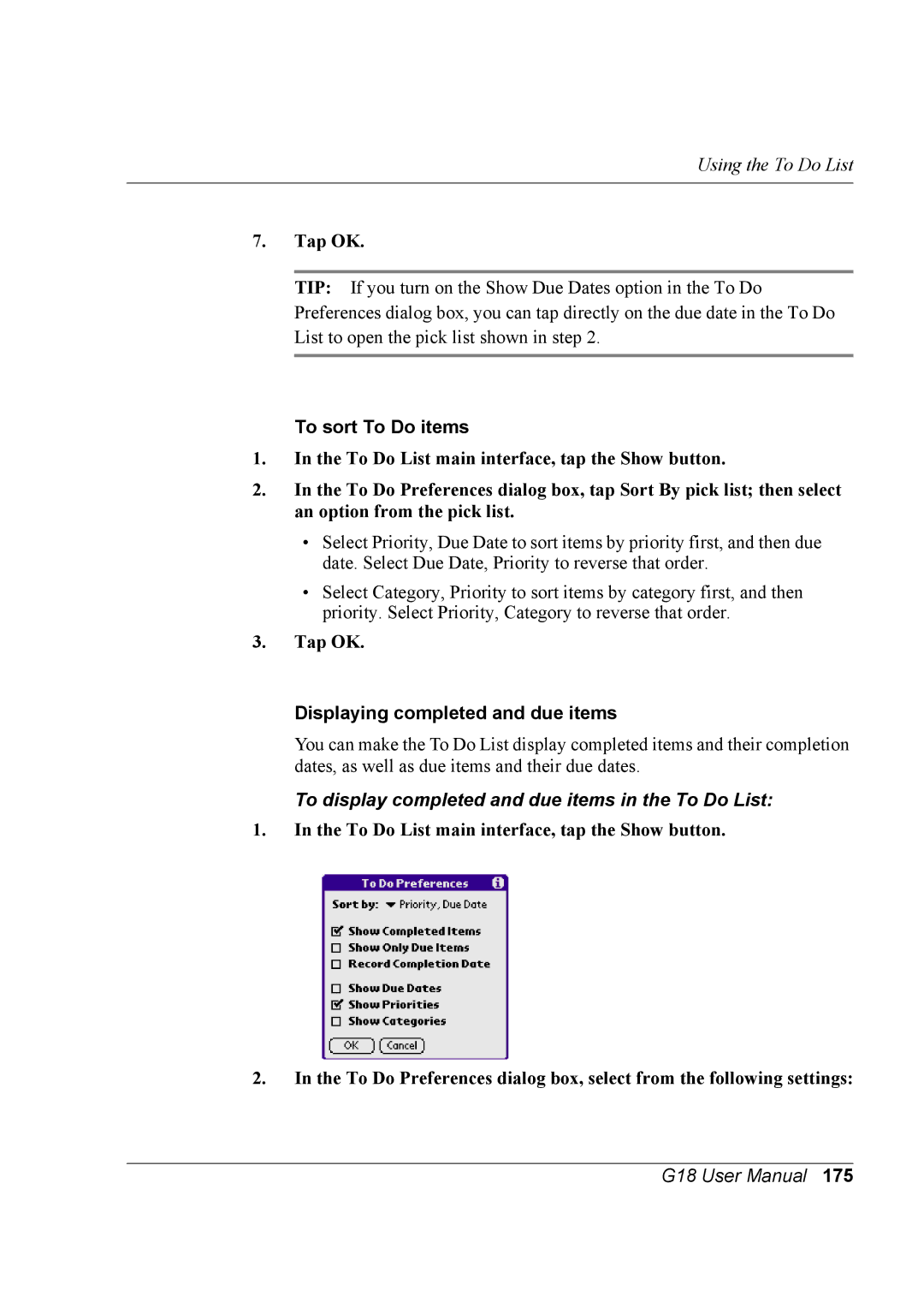 Palm G18 user manual To display completed and due items in the To Do List 