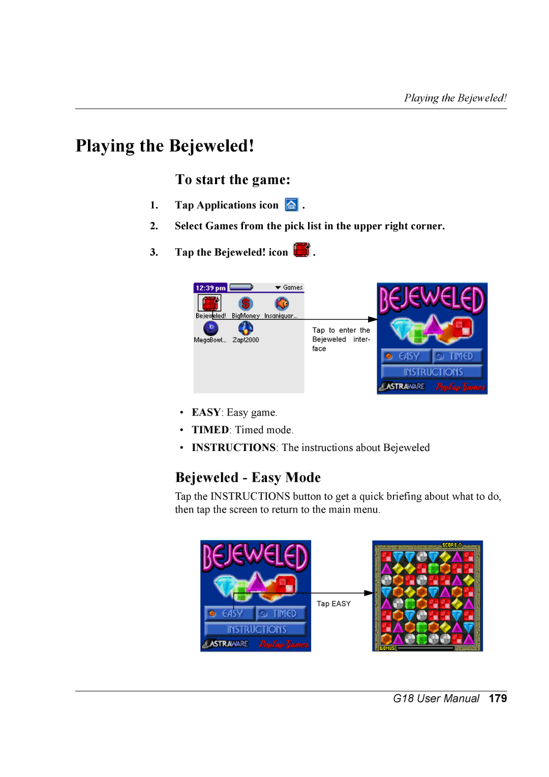 Palm G18 user manual Playing the Bejeweled, To start the game, Bejeweled Easy Mode 