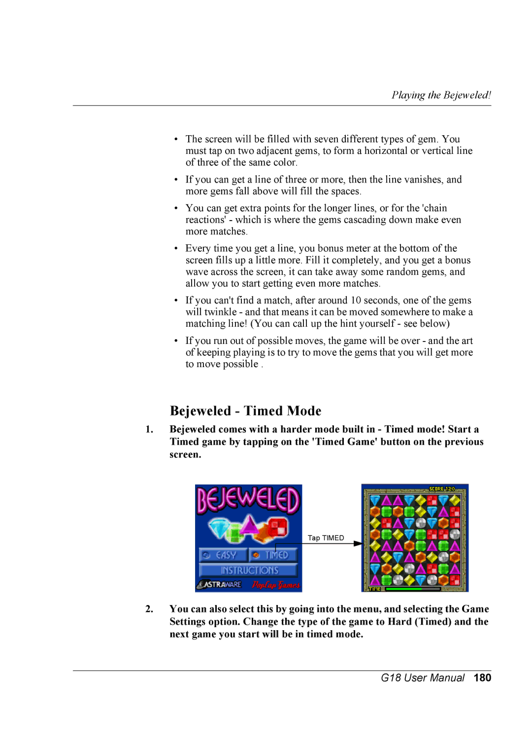 Palm G18 user manual Bejeweled Timed Mode 