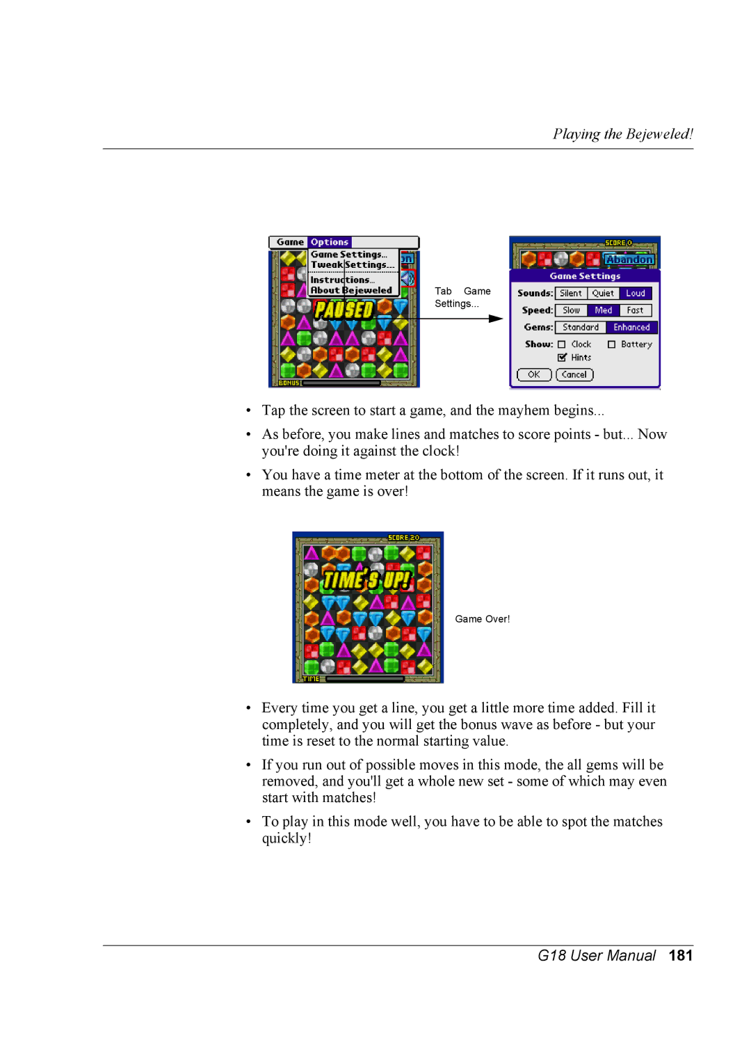 Palm G18 user manual Tab Game Settings 