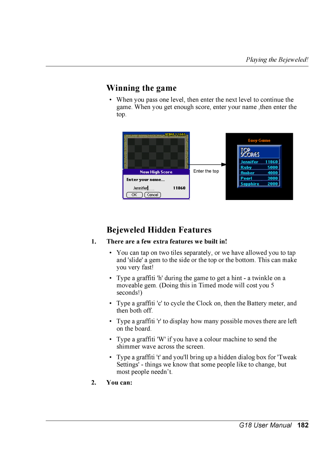 Palm G18 user manual Winning the game, Bejeweled Hidden Features, There are a few extra features we built, You can 