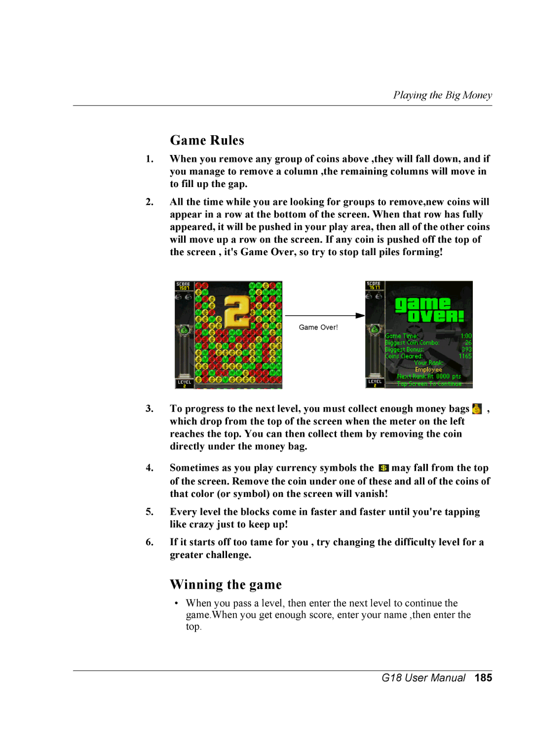 Palm G18 user manual Game Rules, Winning the game 