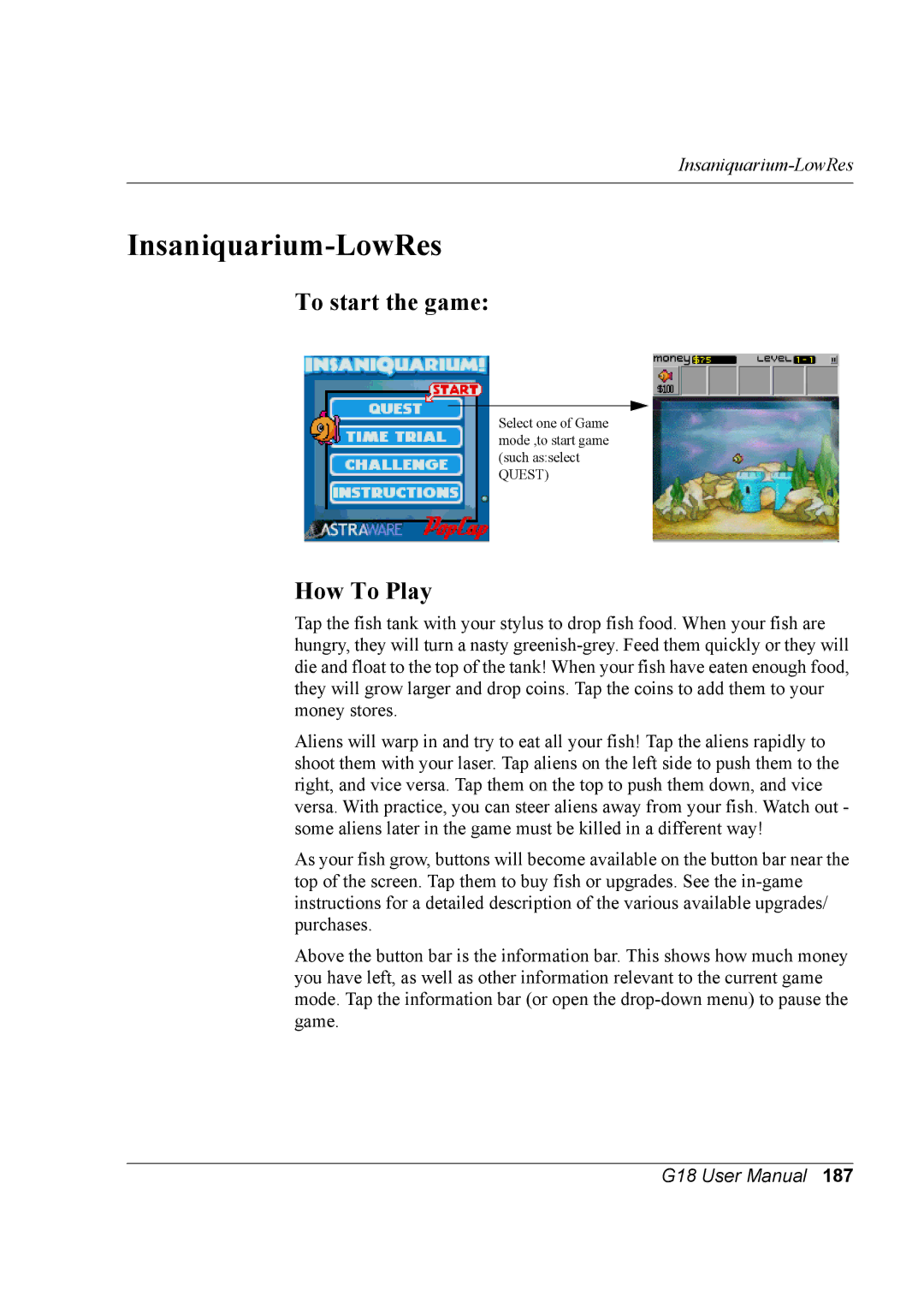 Palm G18 user manual Insaniquarium-LowRes, How To Play 