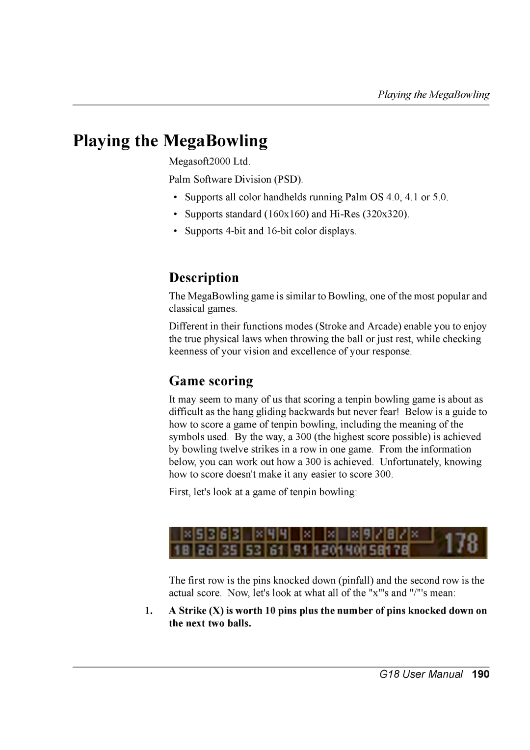 Palm G18 user manual Playing the MegaBowling, Description, Game scoring 