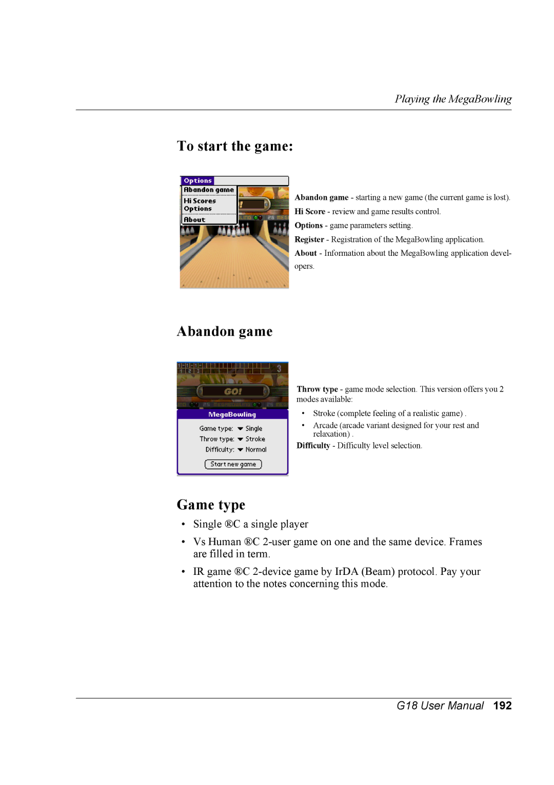 Palm G18 user manual Abandon game, Game type 