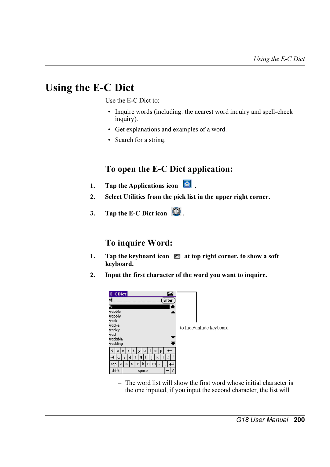 Palm G18 user manual Using the E-C Dict, To open the E-C Dict application, To inquire Word 