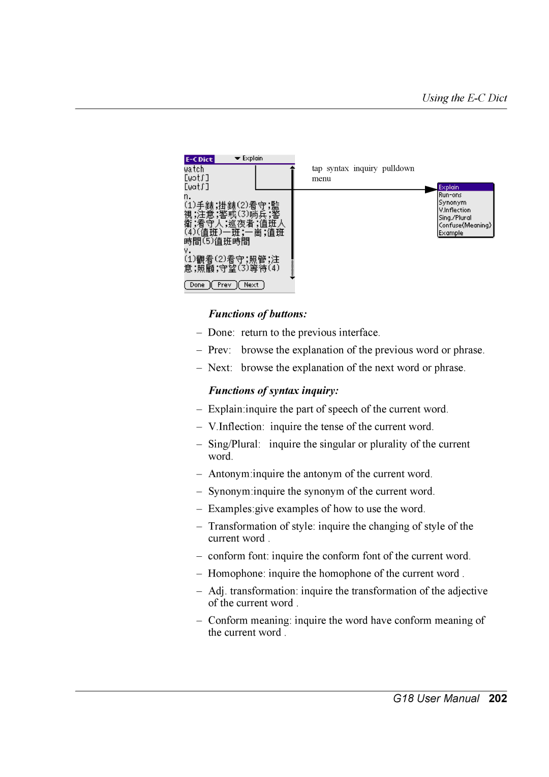 Palm G18 user manual Functions of buttons, Functions of syntax inquiry 