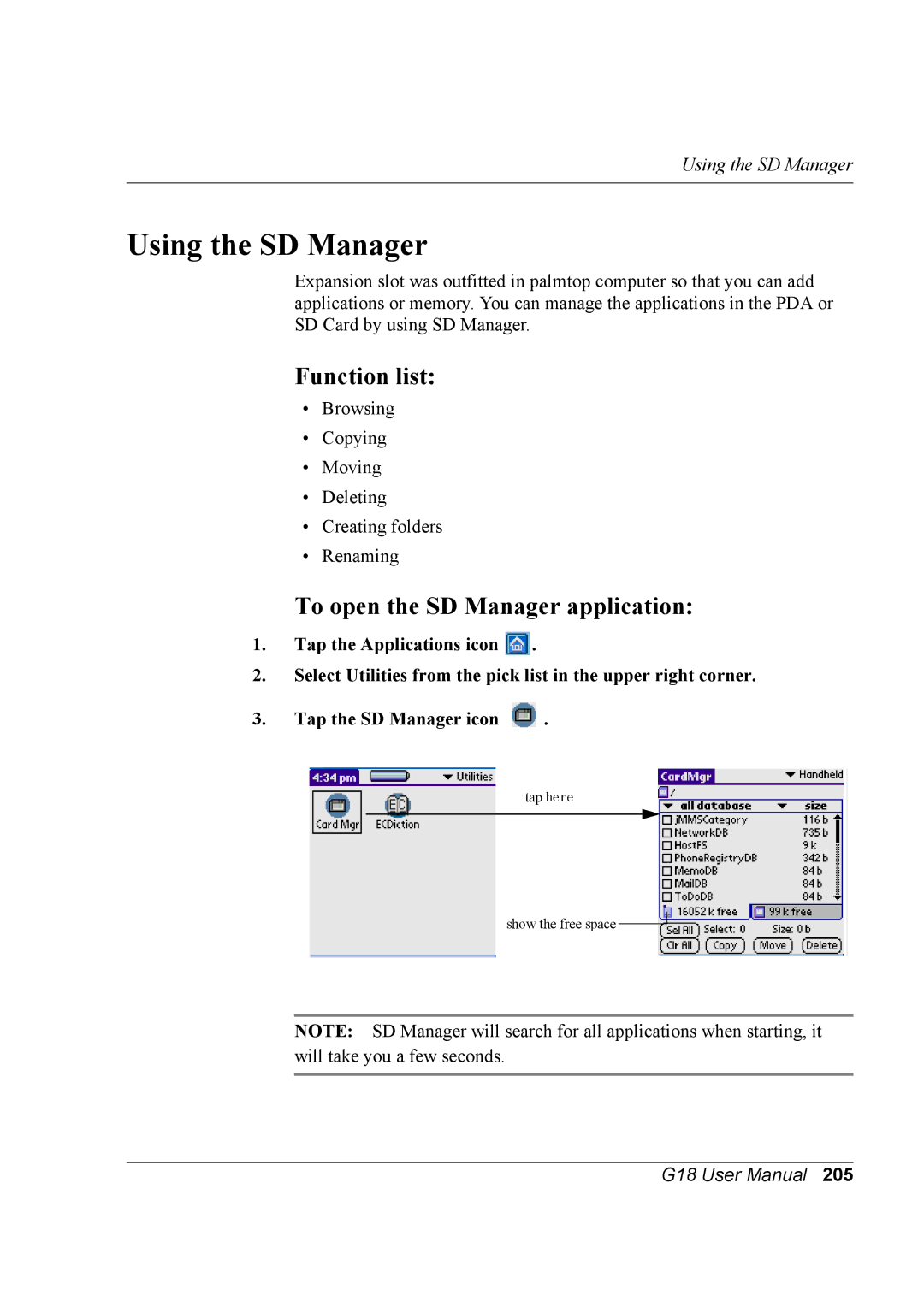 Palm G18 user manual Using the SD Manager, To open the SD Manager application 