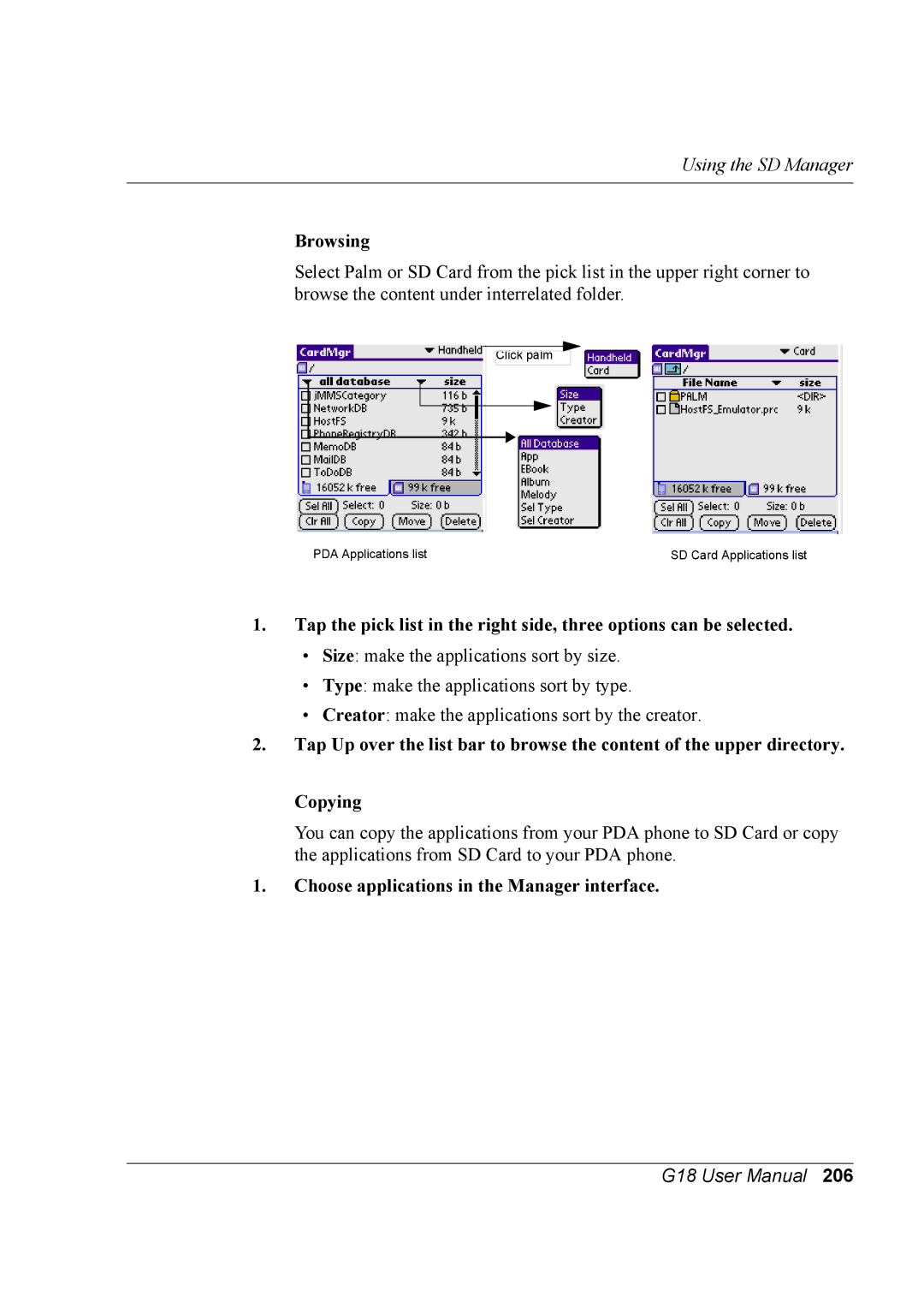 Palm G18 user manual Browsing, Choose applications in the Manager interface 