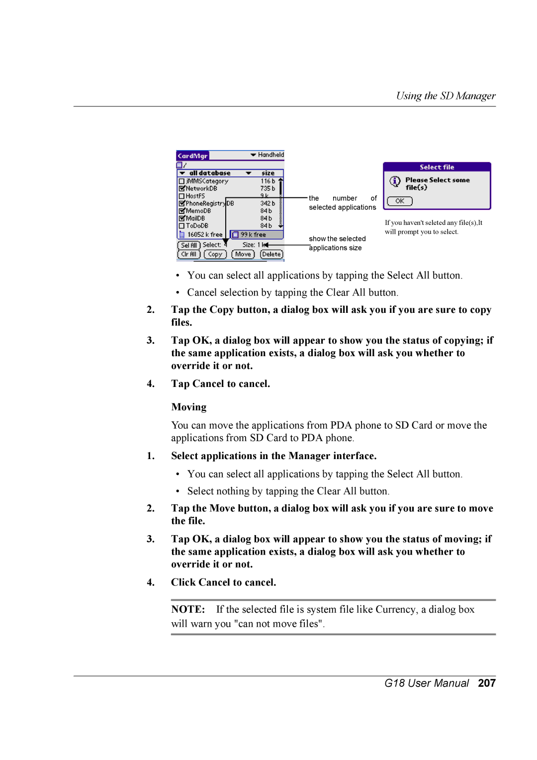 Palm G18 user manual Select applications in the Manager interface, Number of selected applications 