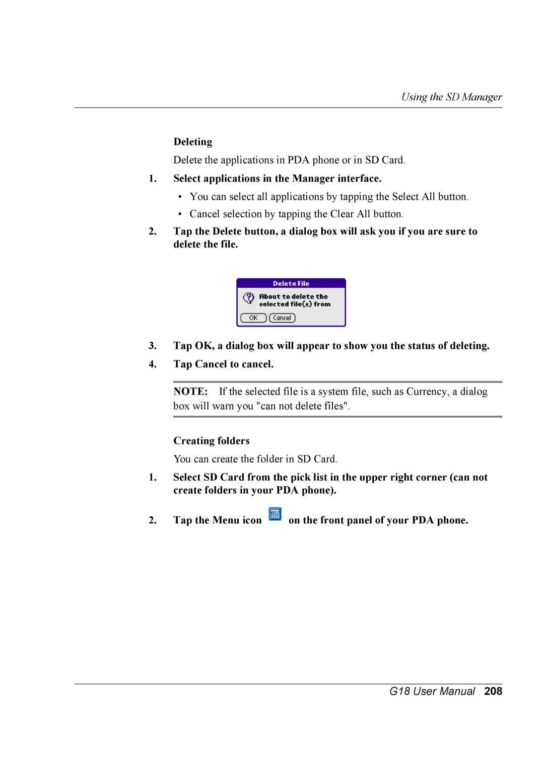 Palm G18 user manual Deleting 