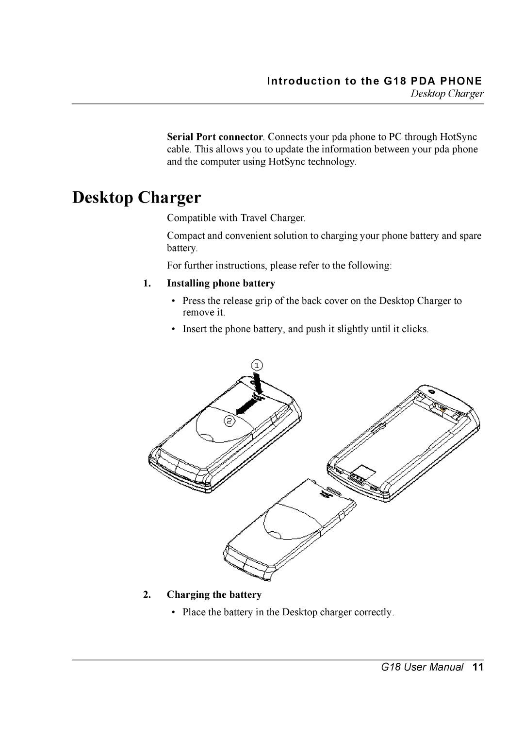 Palm G18 user manual Desktop Charger, Installing phone battery, Charging the battery 