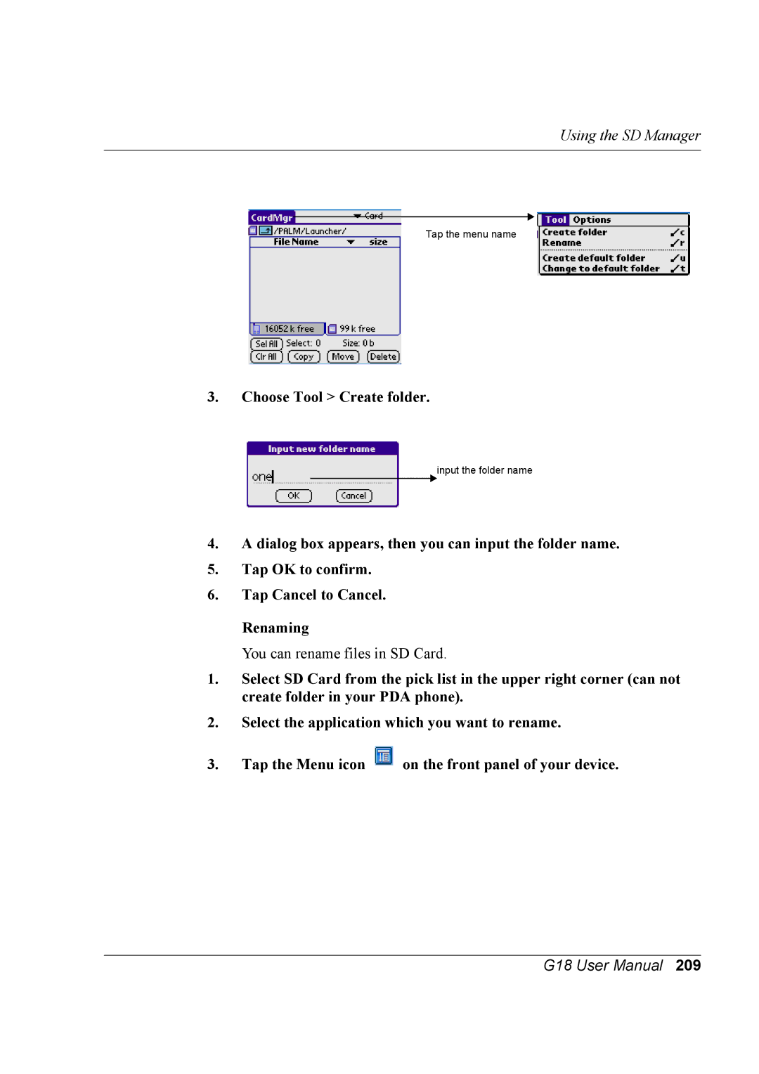 Palm G18 user manual Choose Tool Create folder 