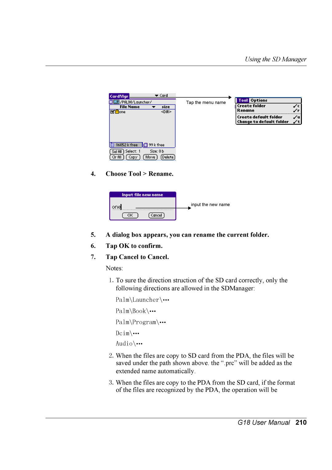 Palm G18 user manual Choose Tool Rename 