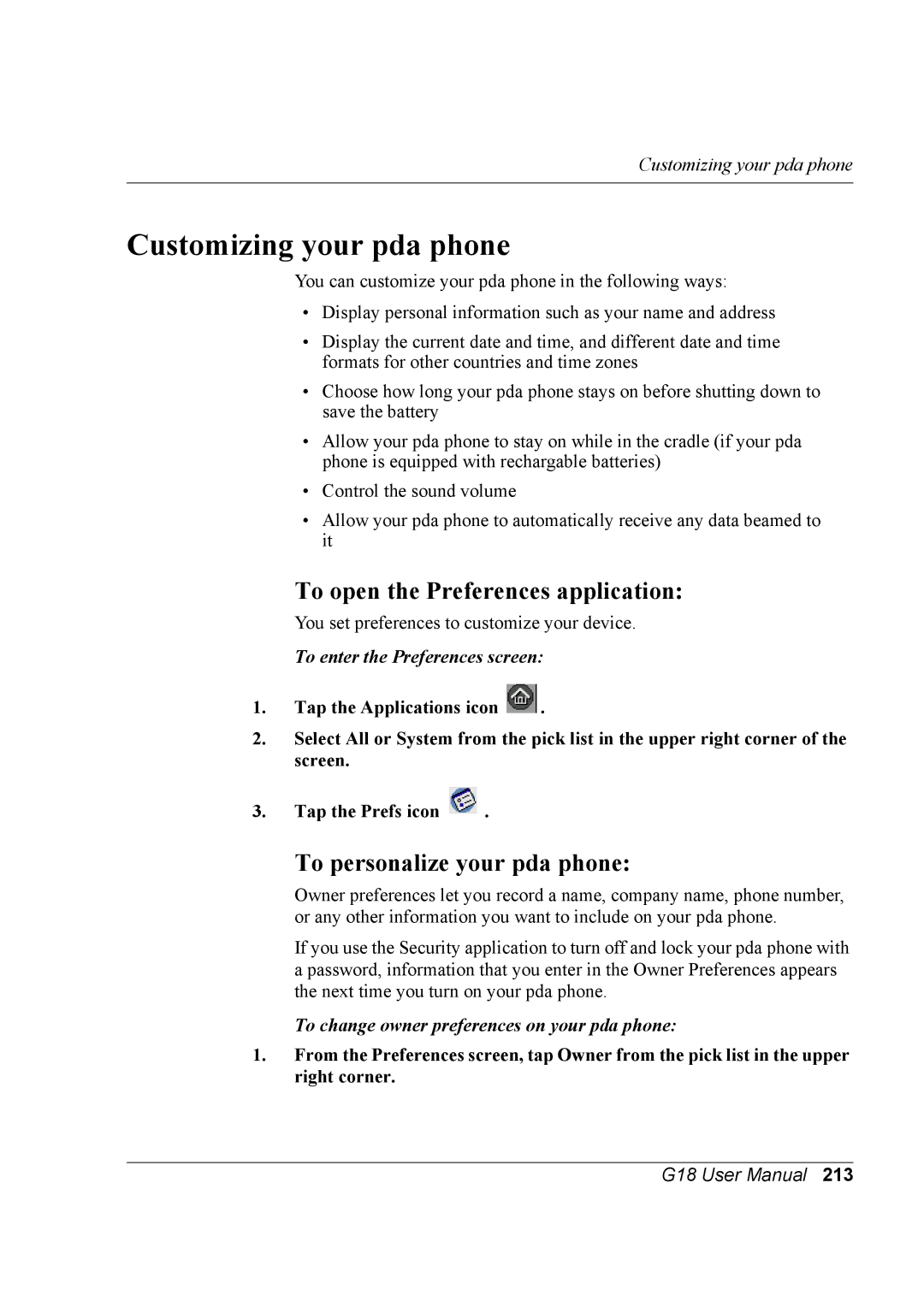 Palm G18 user manual Customizing your pda phone, To open the Preferences application, To personalize your pda phone 