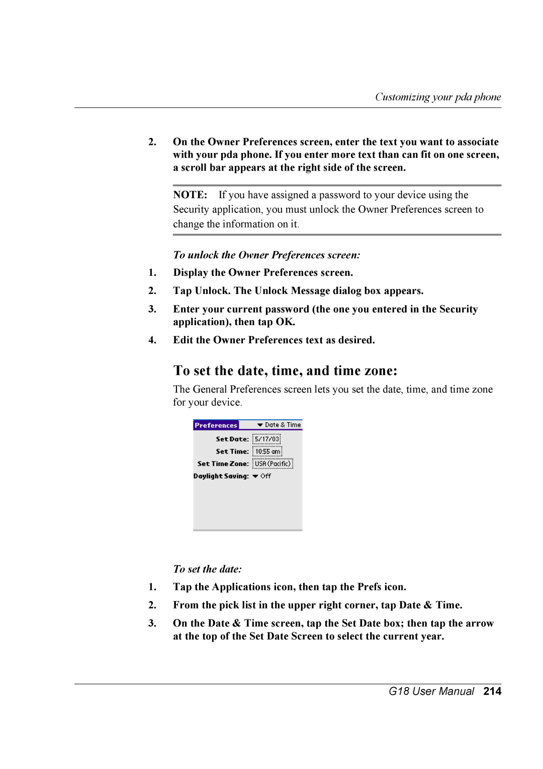 Palm G18 user manual To set the date, time, and time zone, To unlock the Owner Preferences screen 