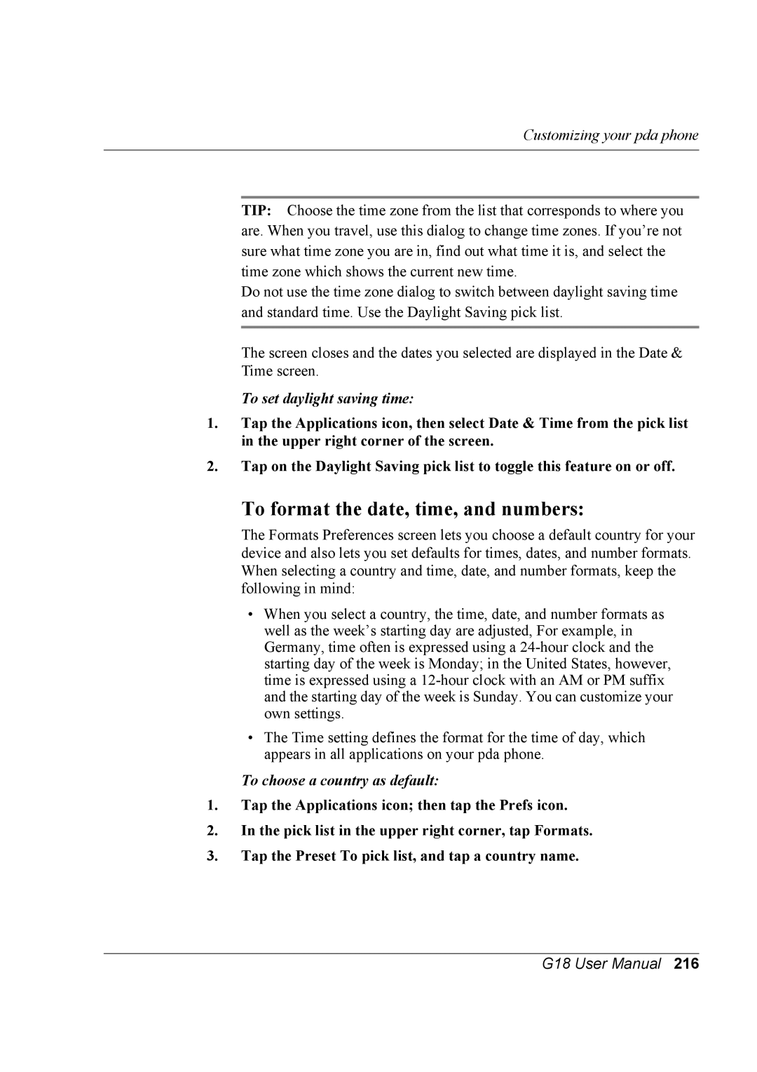 Palm G18 user manual To format the date, time, and numbers, To set daylight saving time, To choose a country as default 