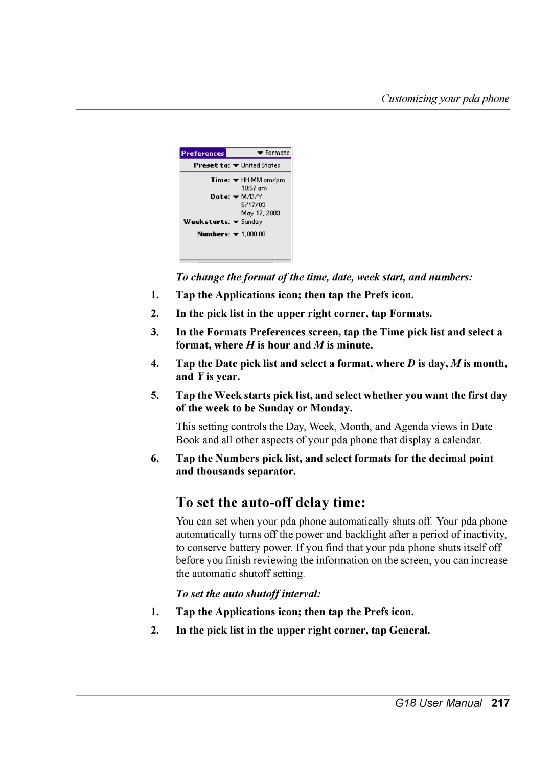 Palm G18 user manual To set the auto-off delay time, To set the auto shutoff interval 