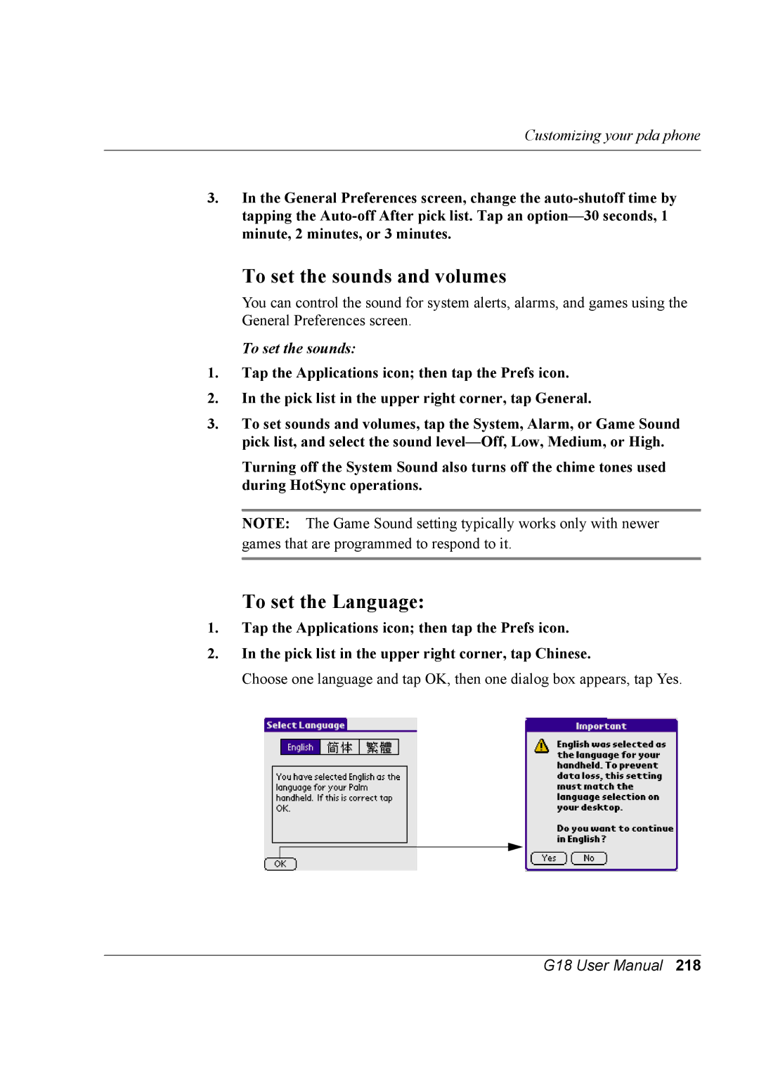 Palm G18 user manual To set the sounds and volumes, To set the Language 