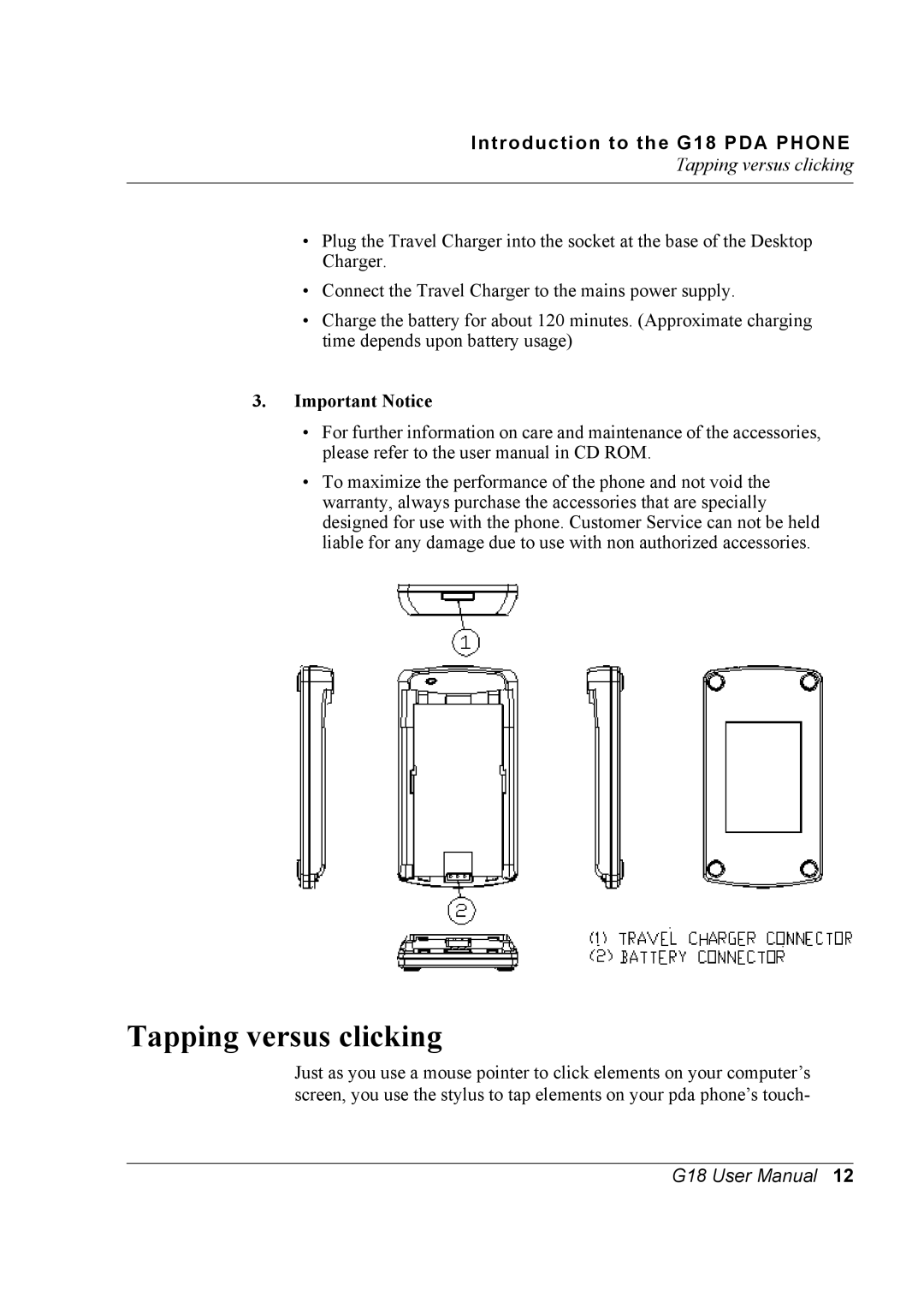 Palm G18 user manual Tapping versus clicking, Important Notice 