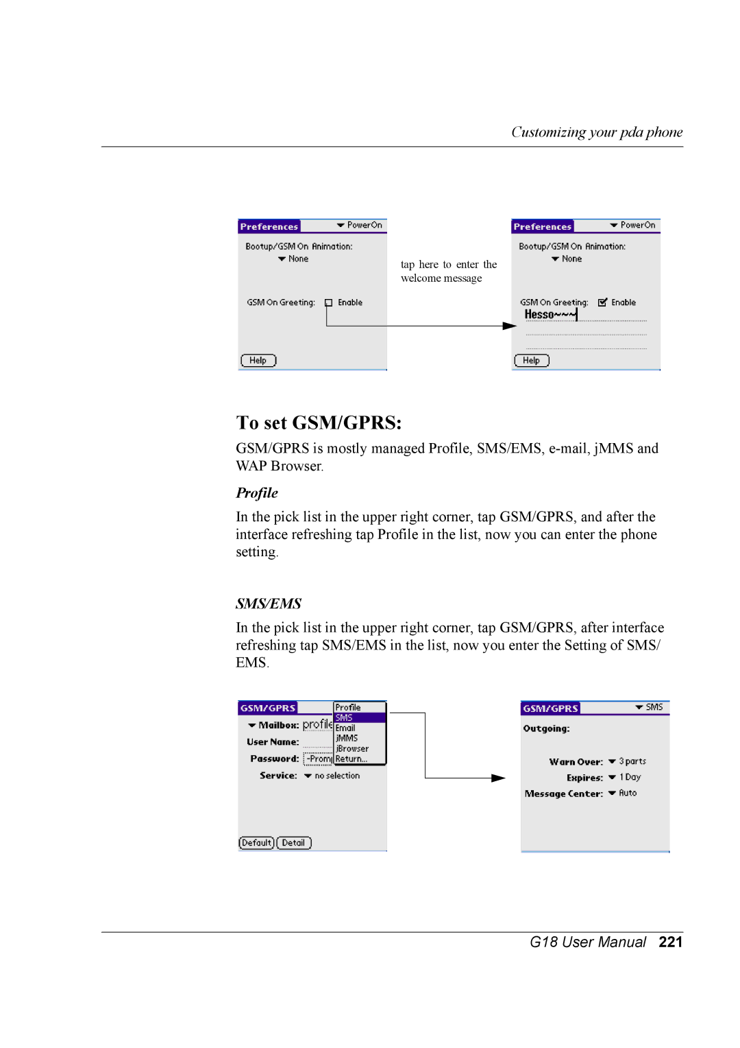 Palm G18 user manual To set GSM/GPRS, Profile 