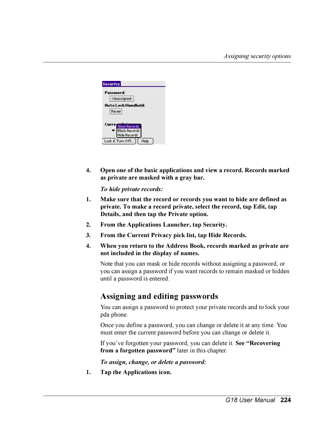 Palm G18 user manual Assigning and editing passwords, To assign, change, or delete a password, Tap the Applications icon 