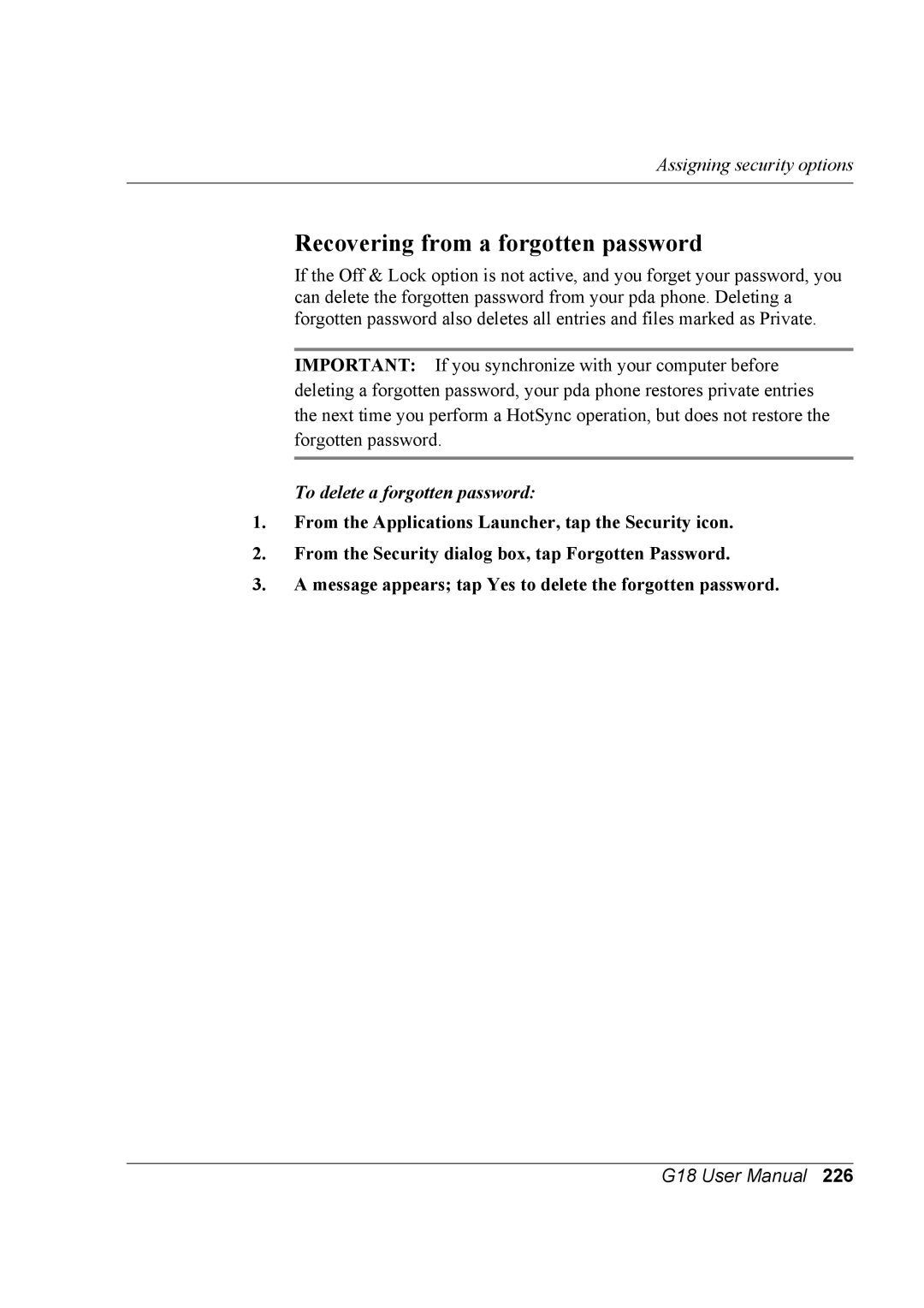 Palm G18 user manual Recovering from a forgotten password, To delete a forgotten password 