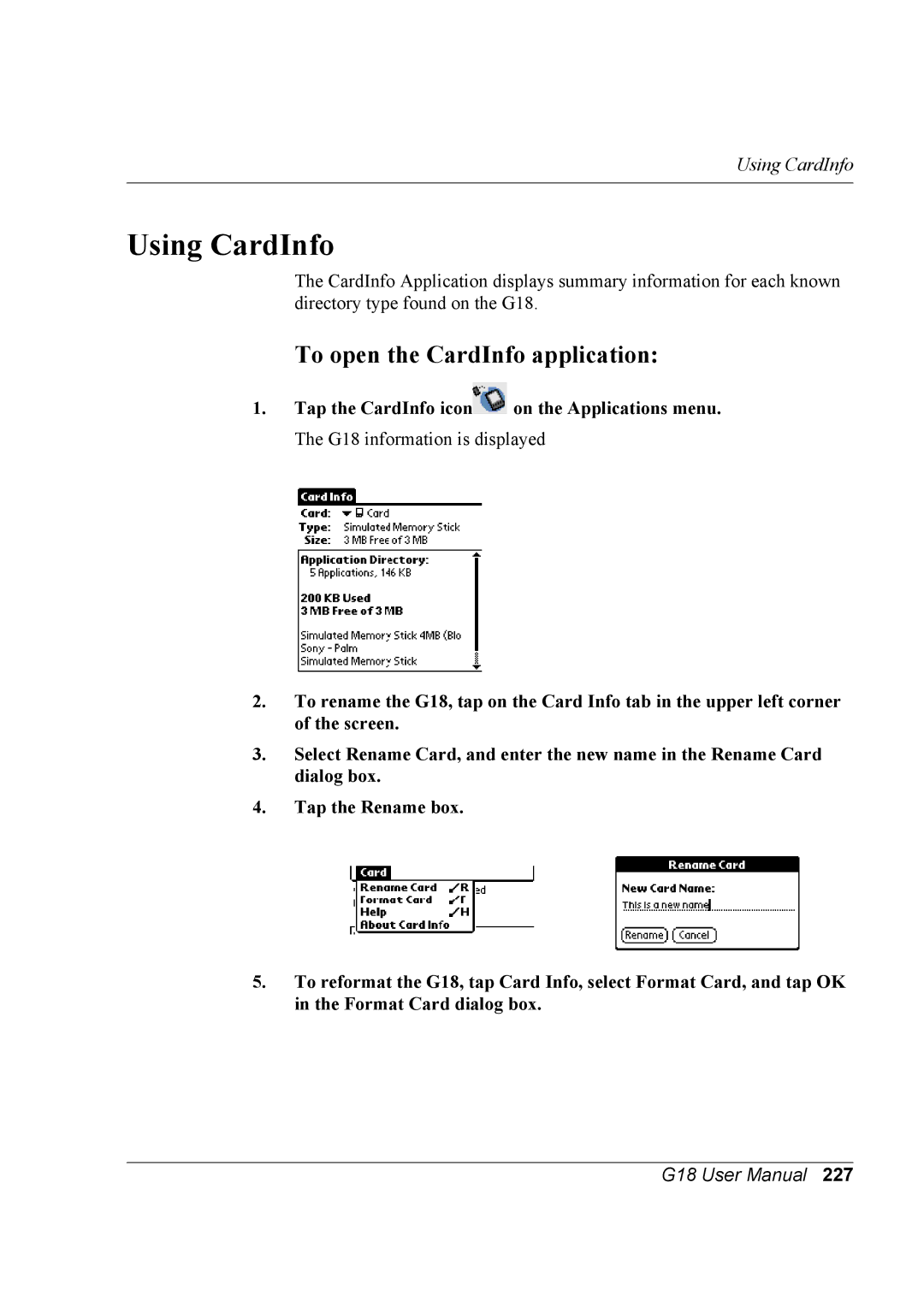 Palm G18 user manual Using CardInfo, To open the CardInfo application 