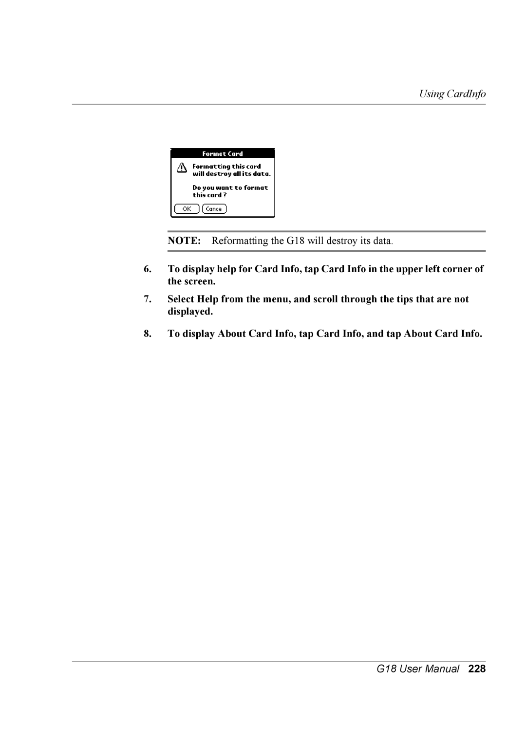 Palm G18 user manual Using CardInfo 