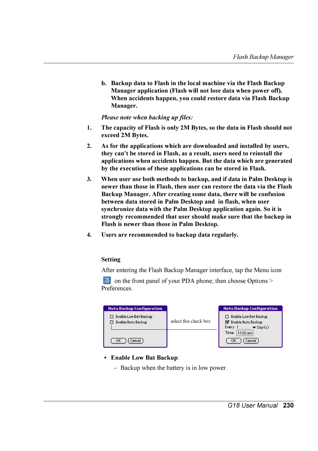 Palm G18 user manual Please note when backing up files, Enable Low Bat Backup 