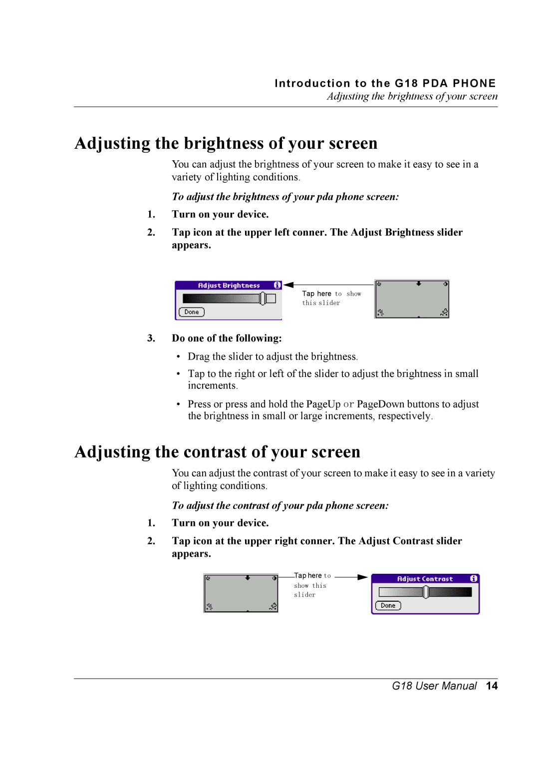 Palm G18 Adjusting the brightness of your screen, Adjusting the contrast of your screen, Do one of the following 