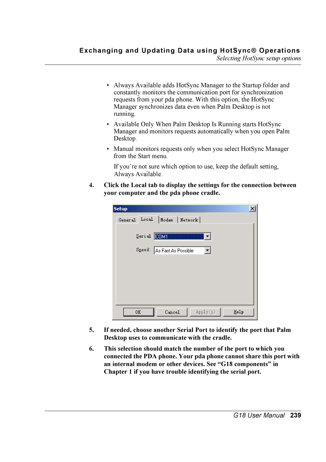 Palm G18 user manual Exchanging and Updating Data using HotSync Operations 