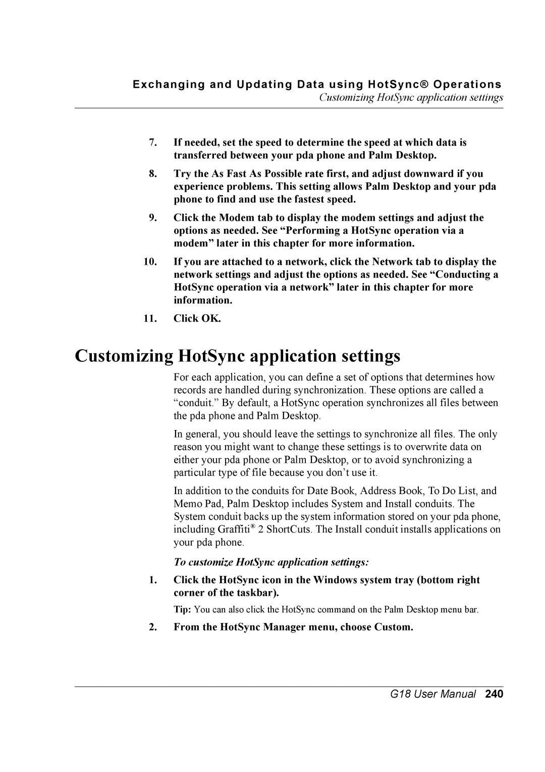 Palm G18 user manual Customizing HotSync application settings, To customize HotSync application settings 