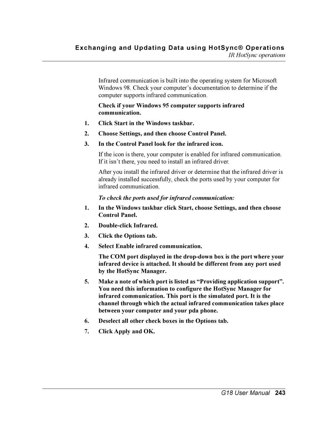 Palm G18 user manual To check the ports used for infrared communication 