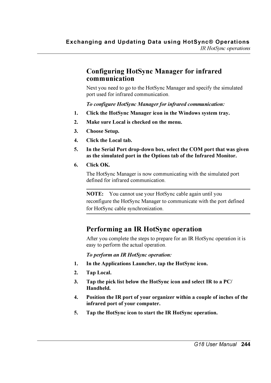 Palm G18 user manual Configuring HotSync Manager for infrared communication, Performing an IR HotSync operation 