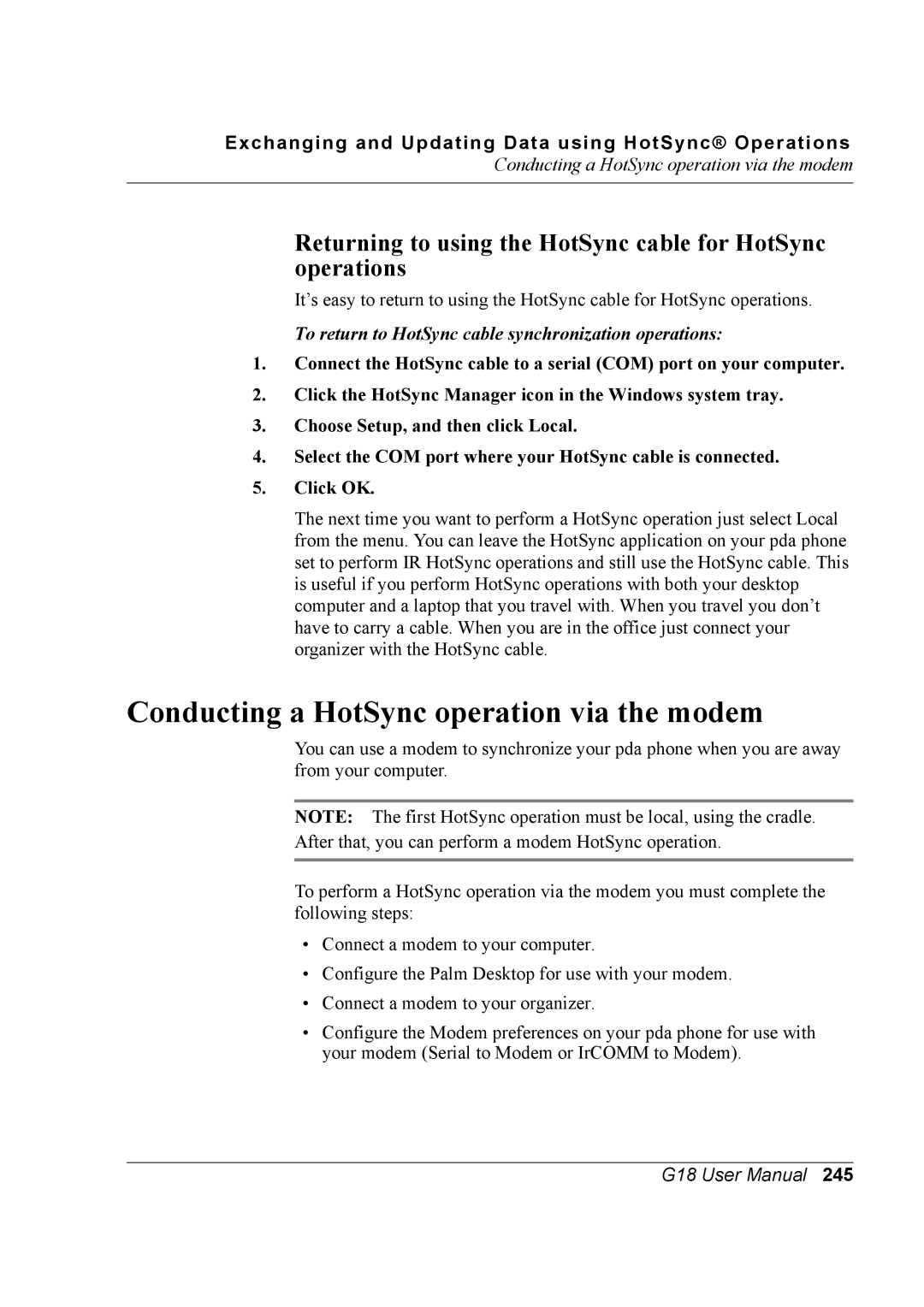 Palm G18 Conducting a HotSync operation via the modem, Returning to using the HotSync cable for HotSync operations 