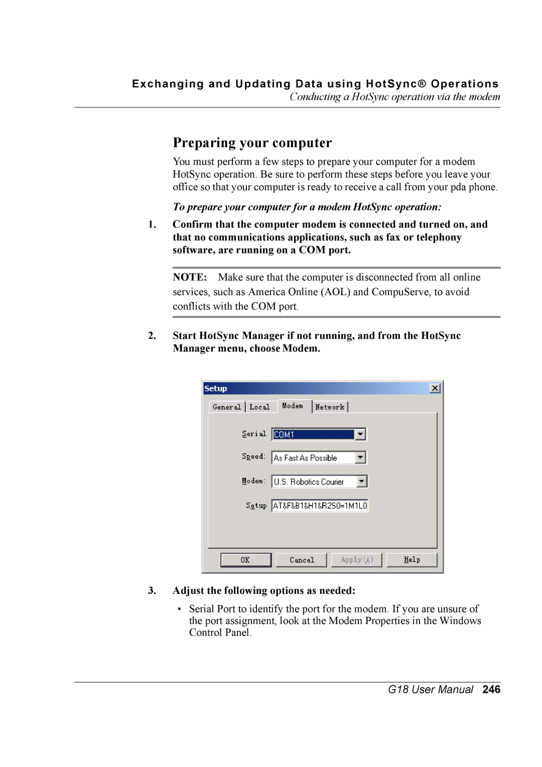 Palm G18 user manual Preparing your computer, To prepare your computer for a modem HotSync operation 