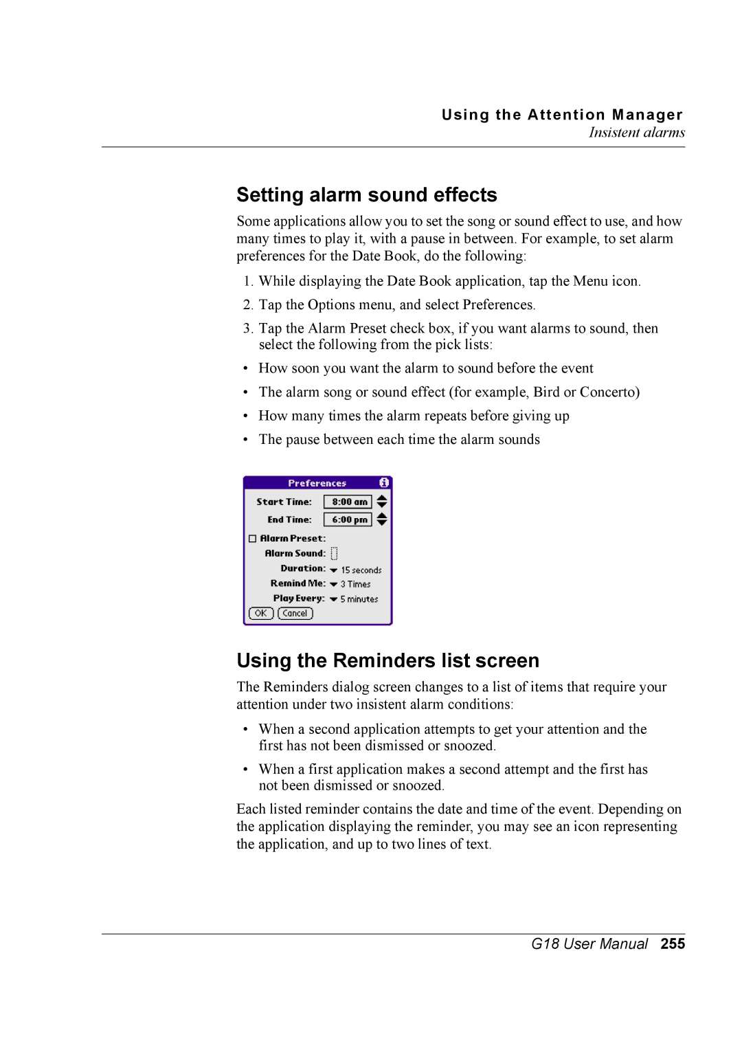 Palm G18 user manual Setting alarm sound effects 