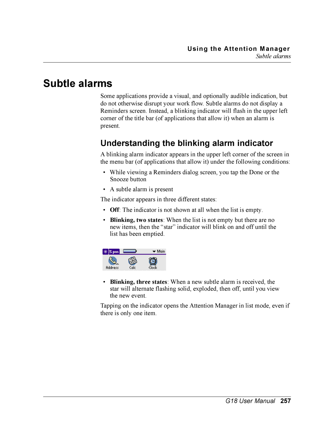 Palm G18 user manual Subtle alarms 