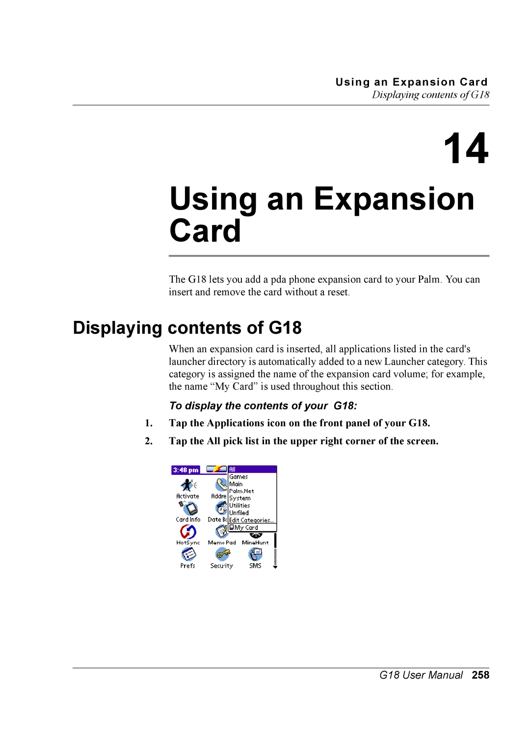 Palm G18 user manual Using an Expansion Card 