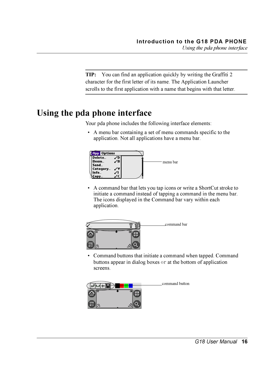 Palm G18 user manual Using the pda phone interface 