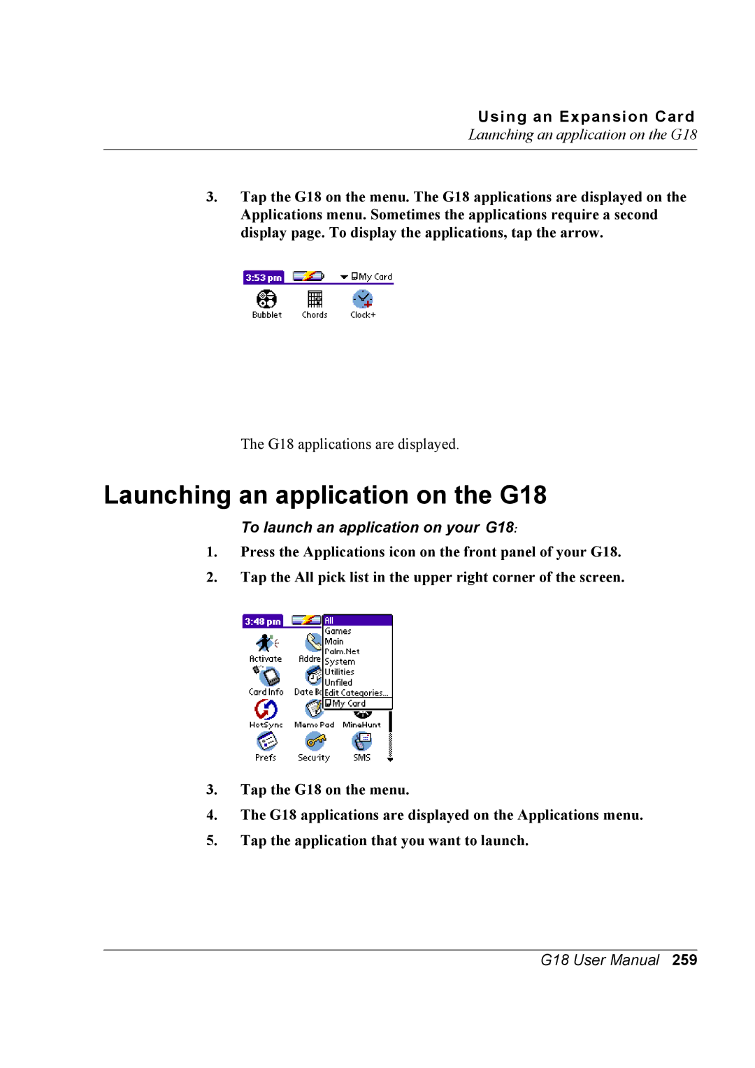 Palm user manual Launching an application on the G18 