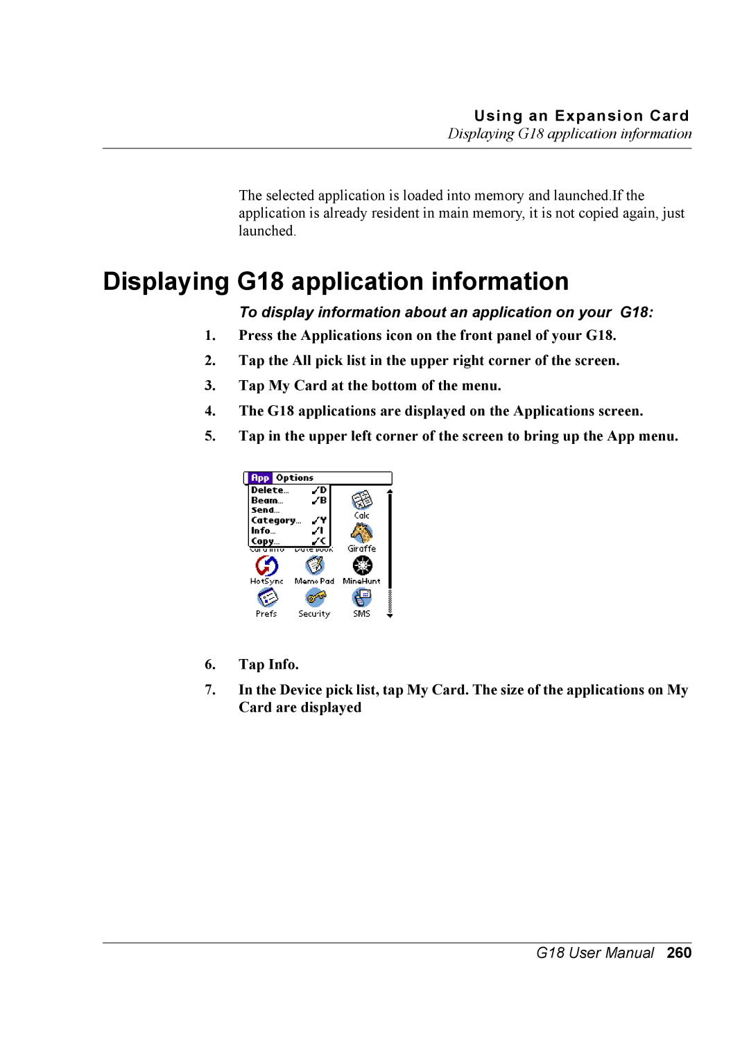 Palm user manual Displaying G18 application information 