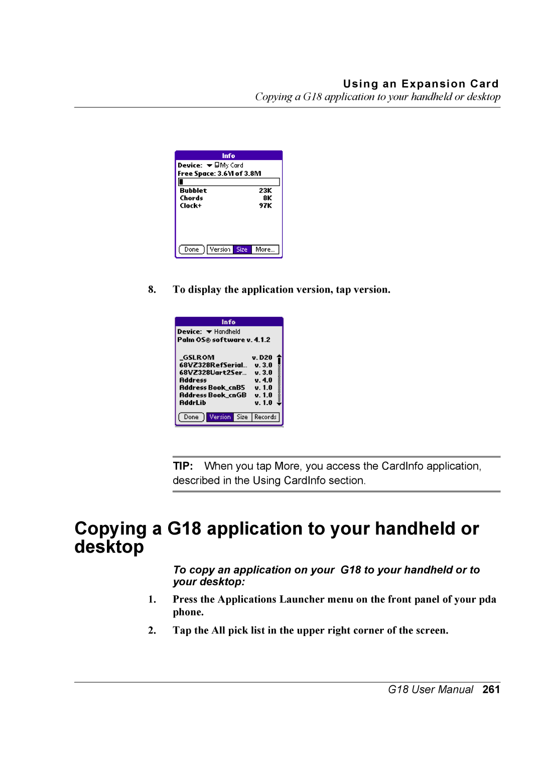 Palm user manual Copying a G18 application to your handheld or desktop, To display the application version, tap version 