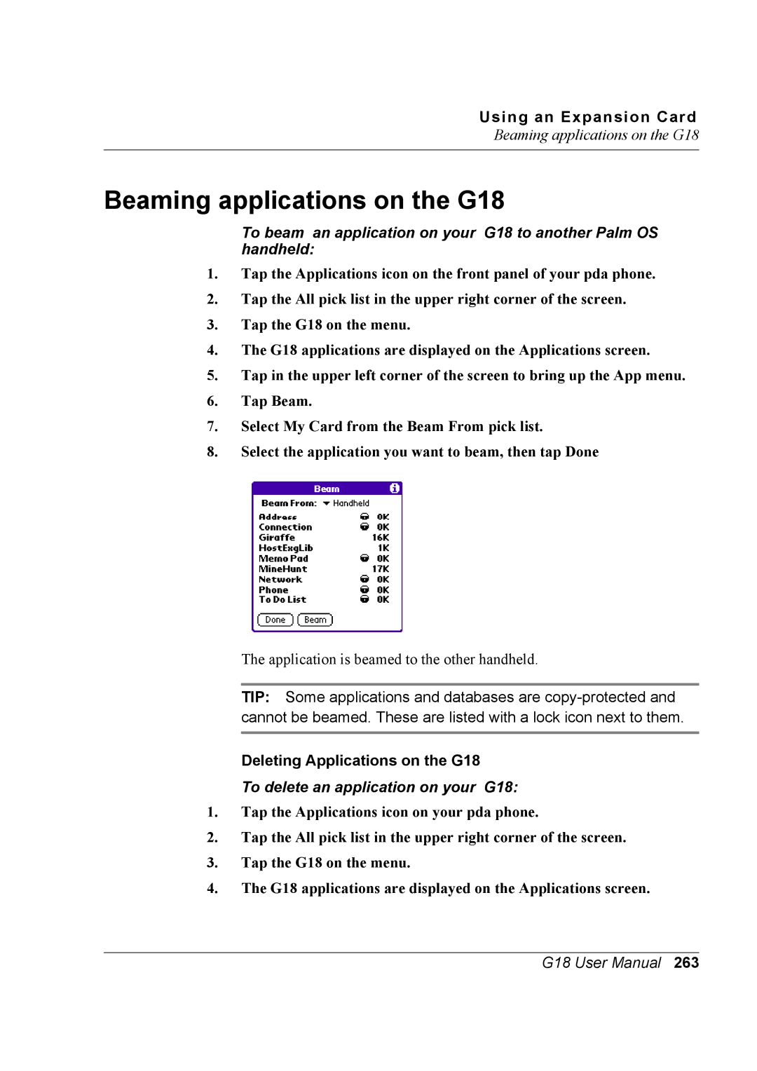 Palm user manual Beaming applications on the G18 