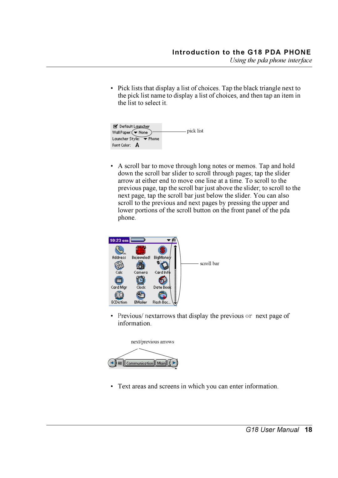 Palm G18 user manual Text areas and screens in which you can enter information 