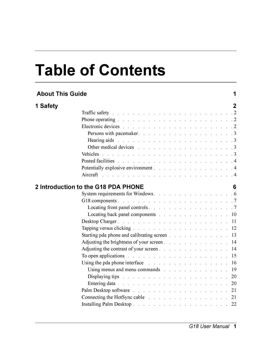 Palm G18 user manual Table of Contents 